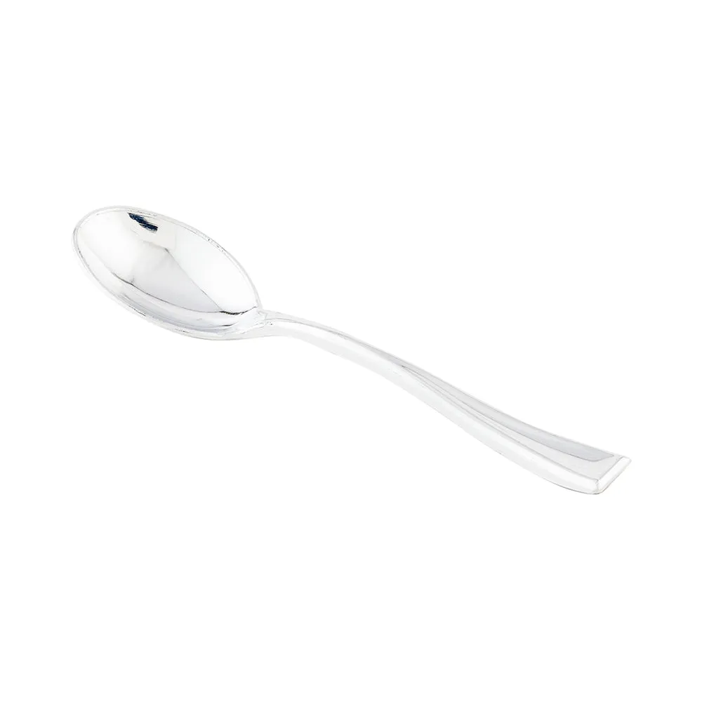 100 Oval White 3.75" Plastic Mini Handled Plates and 100 Silver Plastic 4" Mini Spoons