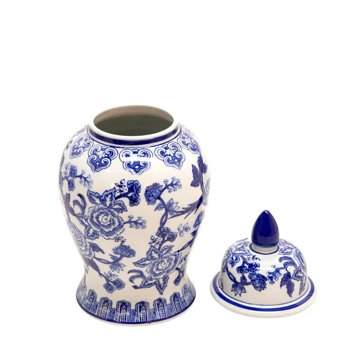 14" Bird/Flower Design Ceramic Temple Jar - Blue/White
