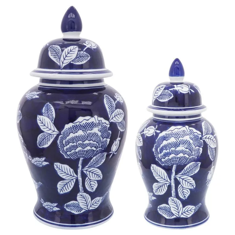 14" Ceramic Floral Temple Jar - White/Blue