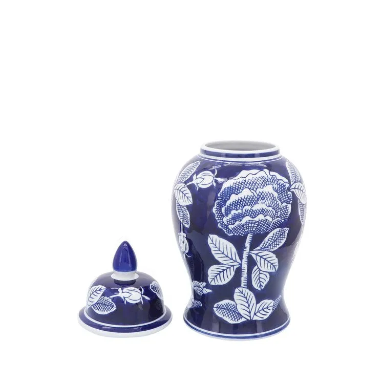 14" Ceramic Floral Temple Jar - White/Blue
