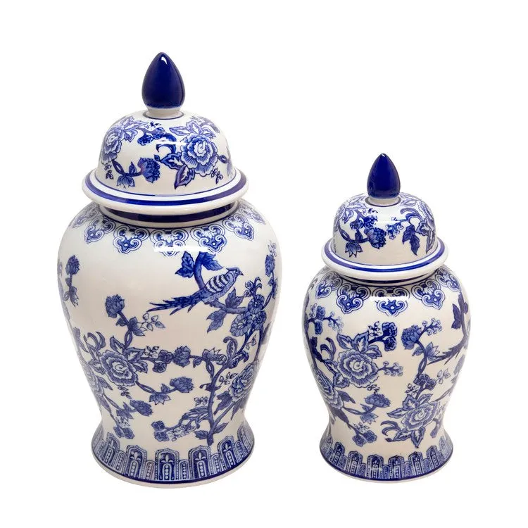 18" Bird/Flower Design Ceramic Temple Jar - Blue/White