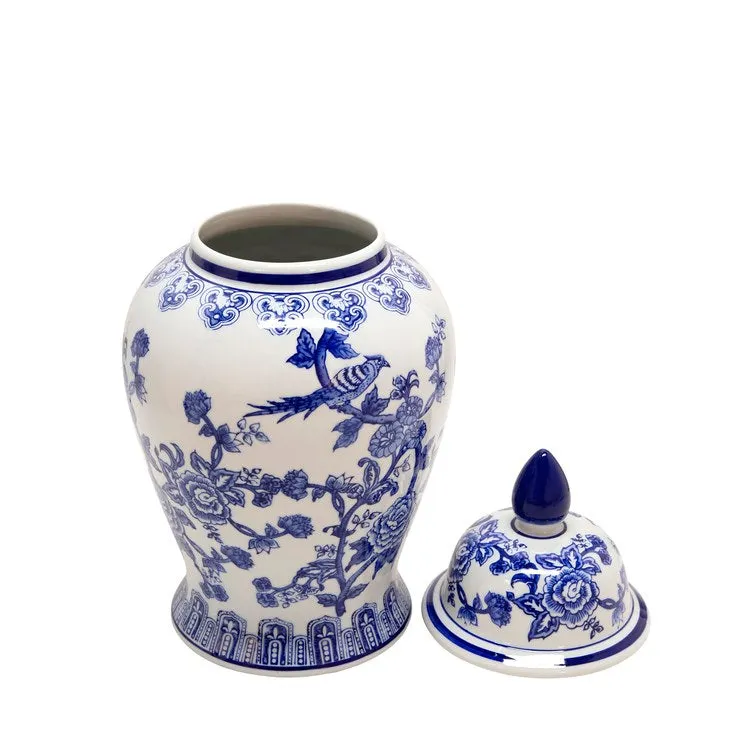 18" Bird/Flower Design Ceramic Temple Jar - Blue/White