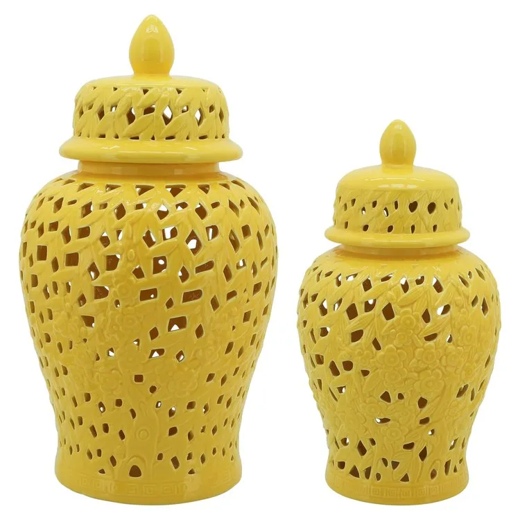 24" Pierced Ceramic Temple Jar - Yellow