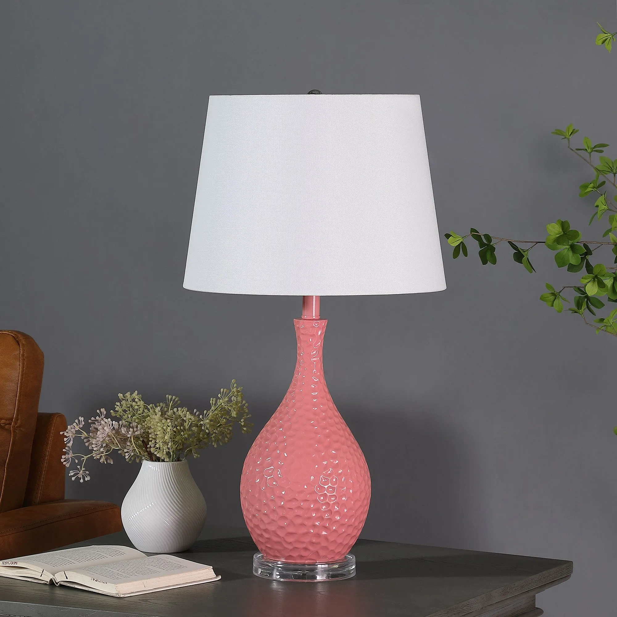 28" Pink Hammered Urn Table Lamp With White Tapered Drum Shade By Homeroots