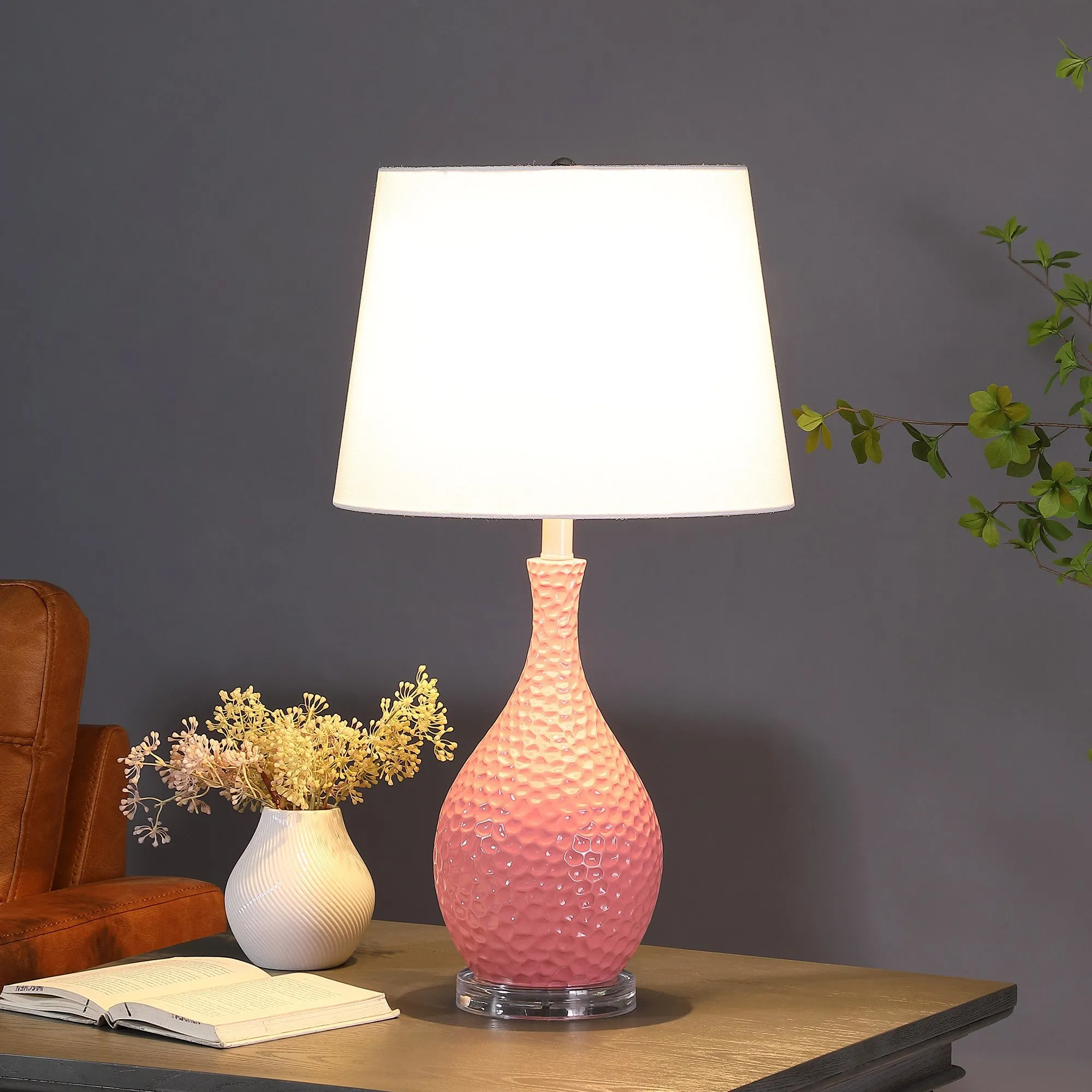 28" Pink Hammered Urn Table Lamp With White Tapered Drum Shade By Homeroots
