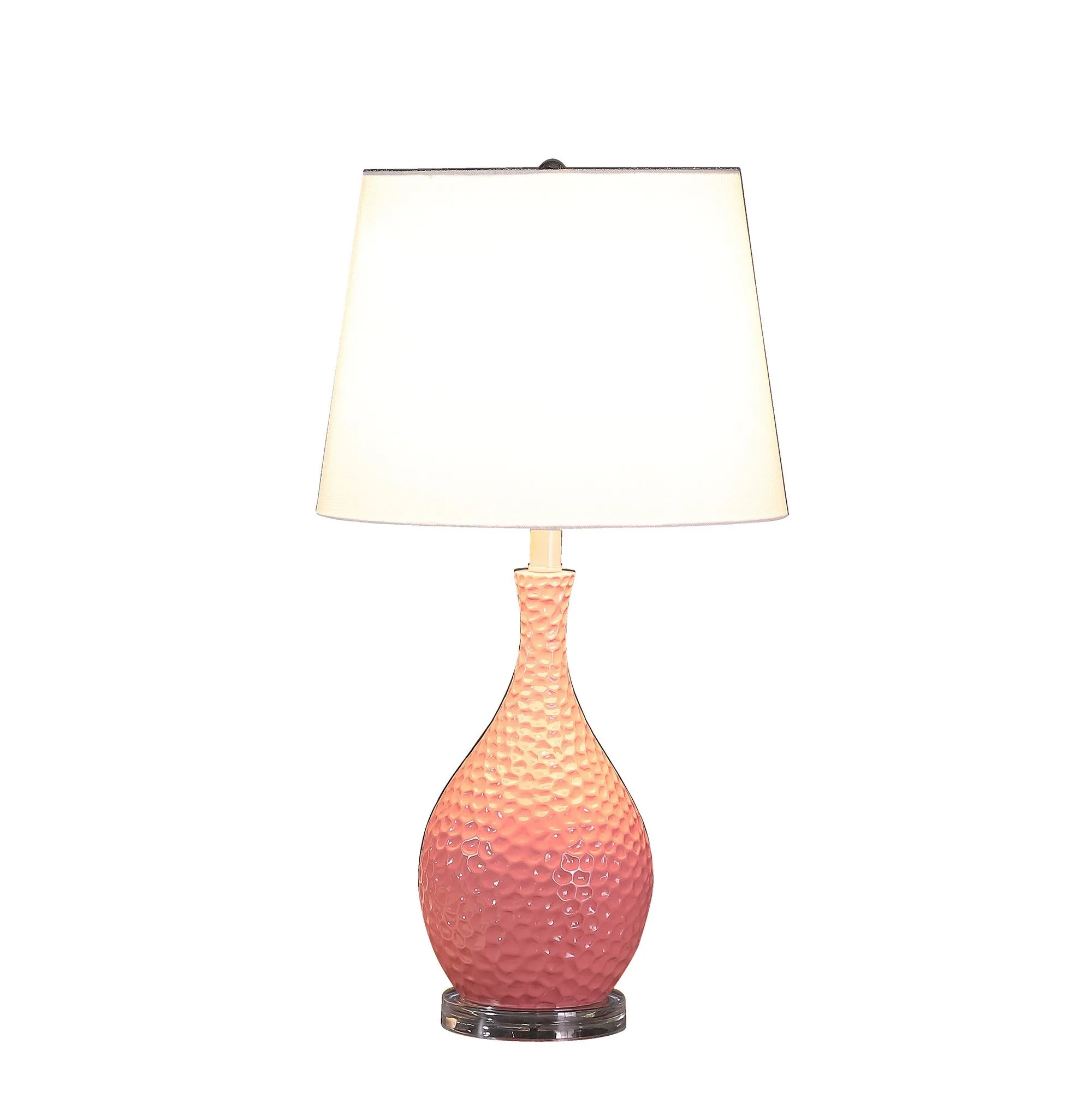 28" Pink Hammered Urn Table Lamp With White Tapered Drum Shade By Homeroots