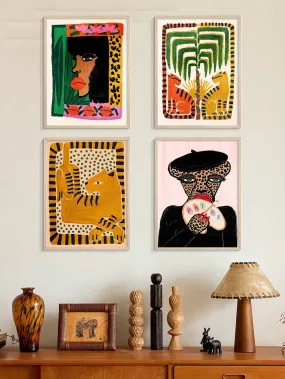 4pcs Set: Artistic Animal Print Paintings for Home Decor - Gold Leopard & Lion