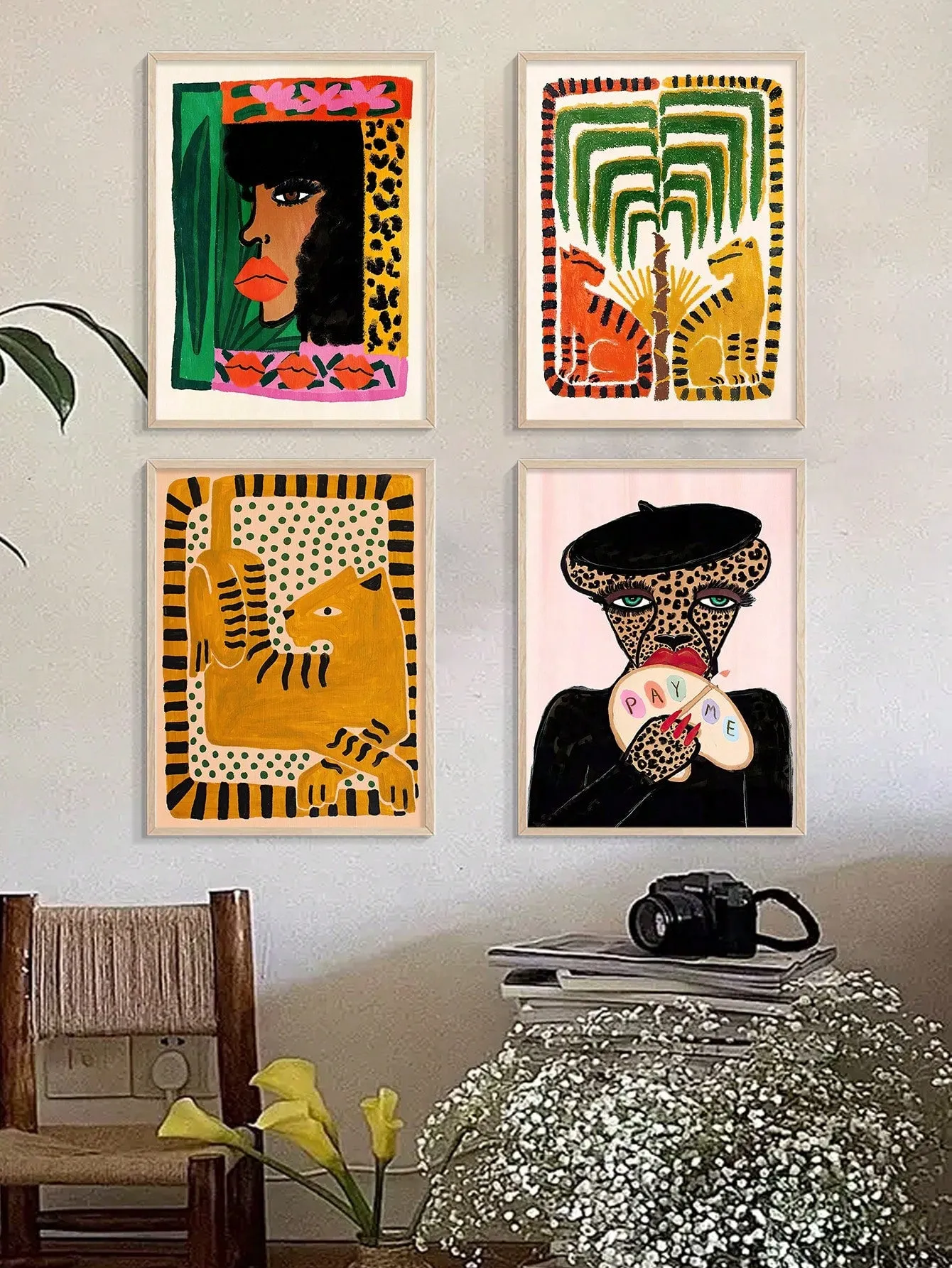 4pcs Set: Artistic Animal Print Paintings for Home Decor - Gold Leopard & Lion