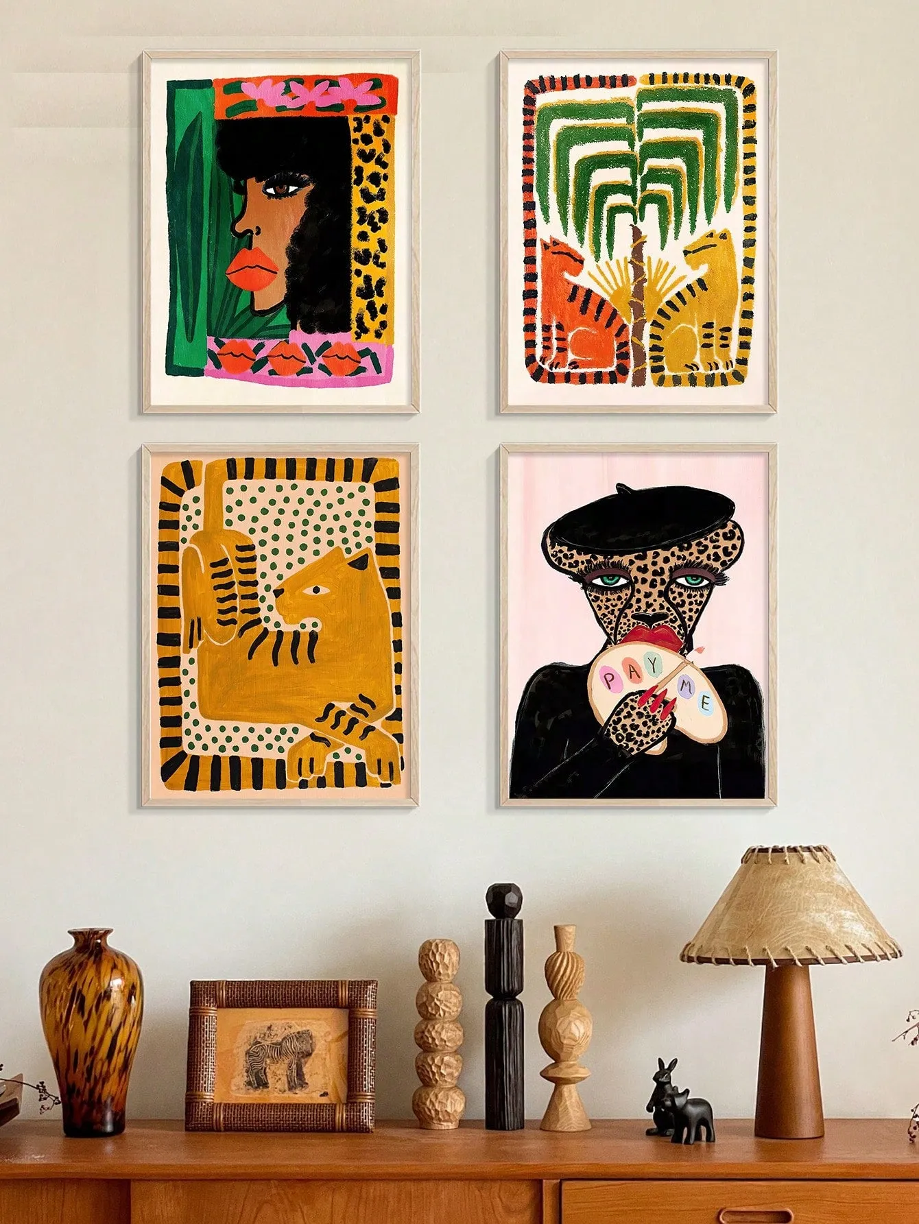 4pcs Set: Artistic Animal Print Paintings for Home Decor - Gold Leopard & Lion