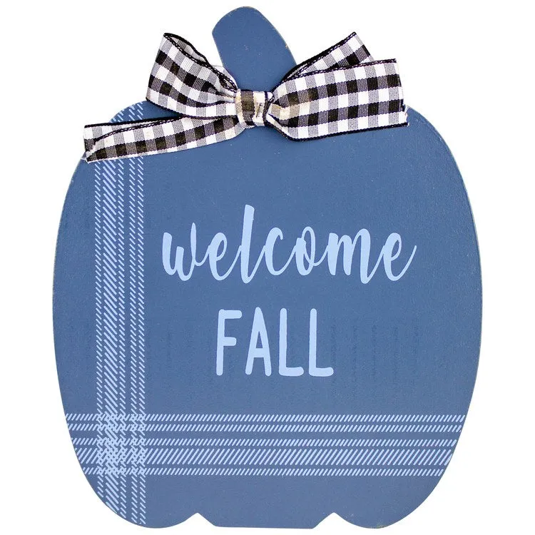 8" Blue and Beige Fall Harvest Wooden Pumpkin Welcome Plaques Set of 2
