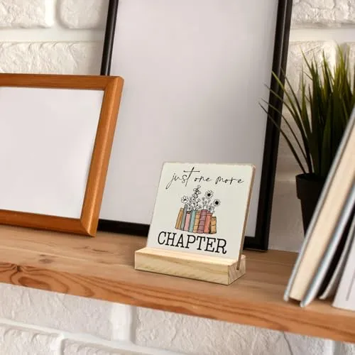 ANIANG Just One More Chapter Desk Decor, Book Lover Nerd Gifts, Bookwarm Bookish Bookshelf Decor Wood Plaque, Home Library Wooden Plaque Sign with Wood Stand for Office Bedroom Book Reader Kids