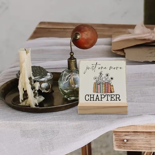 ANIANG Just One More Chapter Desk Decor, Book Lover Nerd Gifts, Bookwarm Bookish Bookshelf Decor Wood Plaque, Home Library Wooden Plaque Sign with Wood Stand for Office Bedroom Book Reader Kids