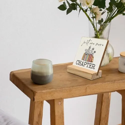 ANIANG Just One More Chapter Desk Decor, Book Lover Nerd Gifts, Bookwarm Bookish Bookshelf Decor Wood Plaque, Home Library Wooden Plaque Sign with Wood Stand for Office Bedroom Book Reader Kids