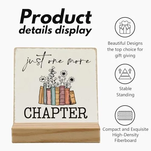 ANIANG Just One More Chapter Desk Decor, Book Lover Nerd Gifts, Bookwarm Bookish Bookshelf Decor Wood Plaque, Home Library Wooden Plaque Sign with Wood Stand for Office Bedroom Book Reader Kids