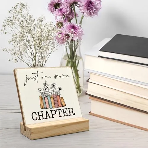 ANIANG Just One More Chapter Desk Decor, Book Lover Nerd Gifts, Bookwarm Bookish Bookshelf Decor Wood Plaque, Home Library Wooden Plaque Sign with Wood Stand for Office Bedroom Book Reader Kids