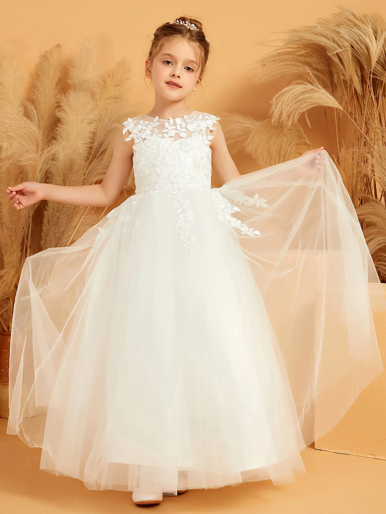 Ball-Gown/Princess Illusion Appliqued Flower Girl Dress