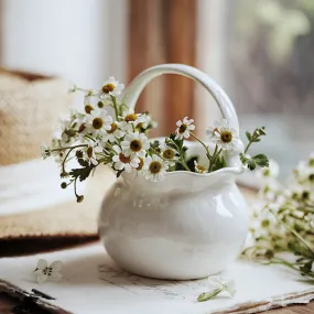 Charming Ceramic Basket Vase - Elegant White Ceramic - Timeless and Sophisticated