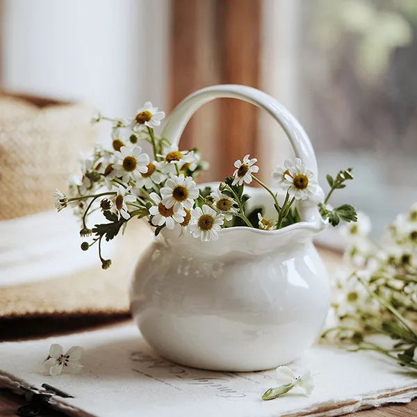 Charming Ceramic Basket Vase - Elegant White Ceramic - Timeless and Sophisticated