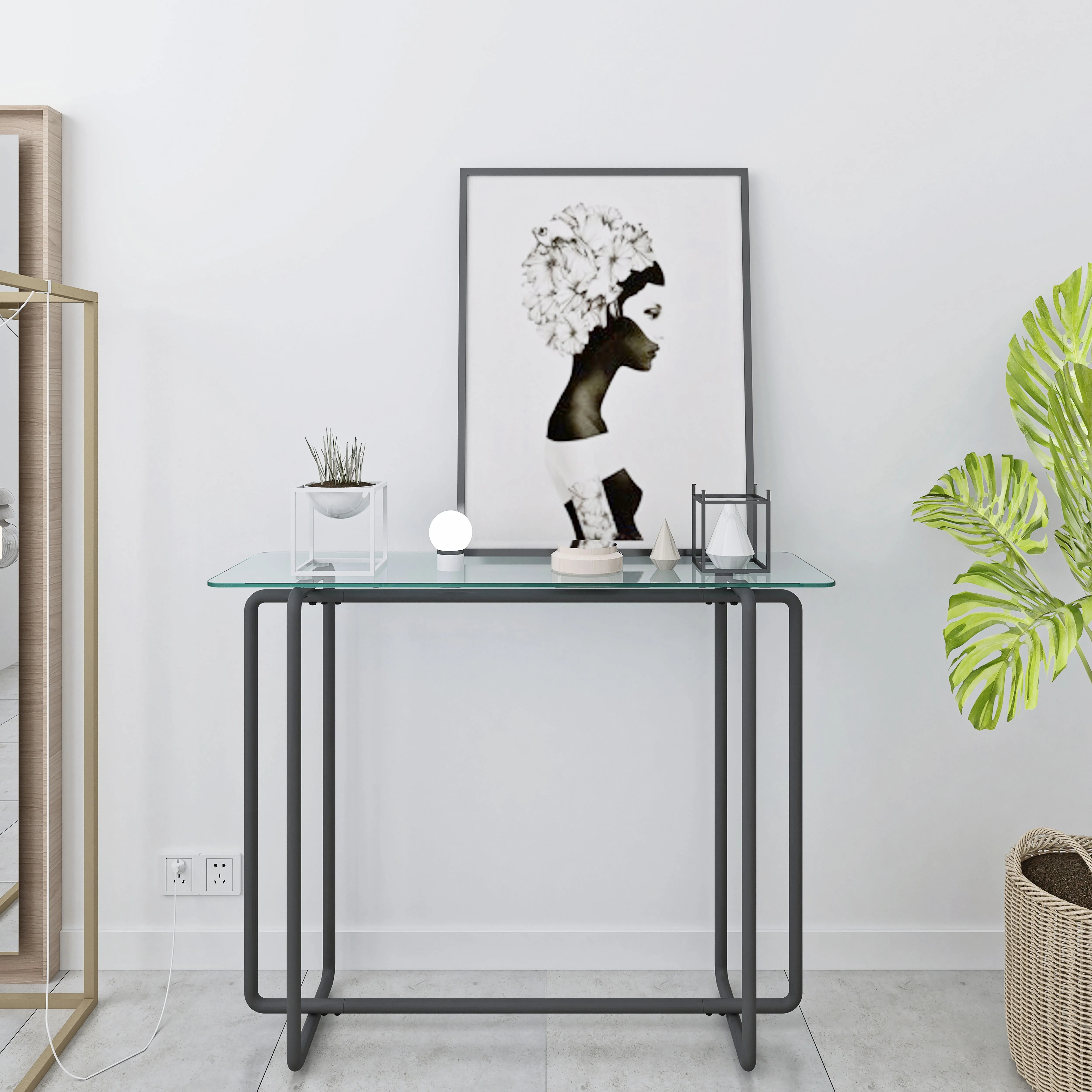 Console Table Single Layer Tempered Glass Rectangular Porch Table Black Leg Double Tempered Glass Tea Table