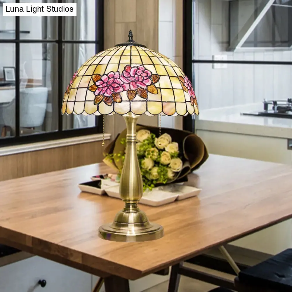 Eleanor - Flower Flower Pattern Grid Shell Table Lamp Tiffany Style 2 Bulbs Gold Finish Night Stand Light with Pull Chain