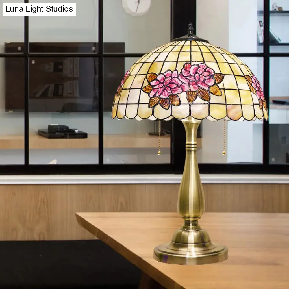 Eleanor - Flower Flower Pattern Grid Shell Table Lamp Tiffany Style 2 Bulbs Gold Finish Night Stand Light with Pull Chain