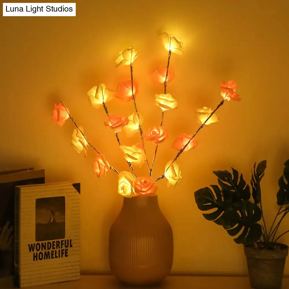 Emma - Pink Pink and White Rose Desk Light Art Deco LED Plastic Night Table Lamp for Living Room