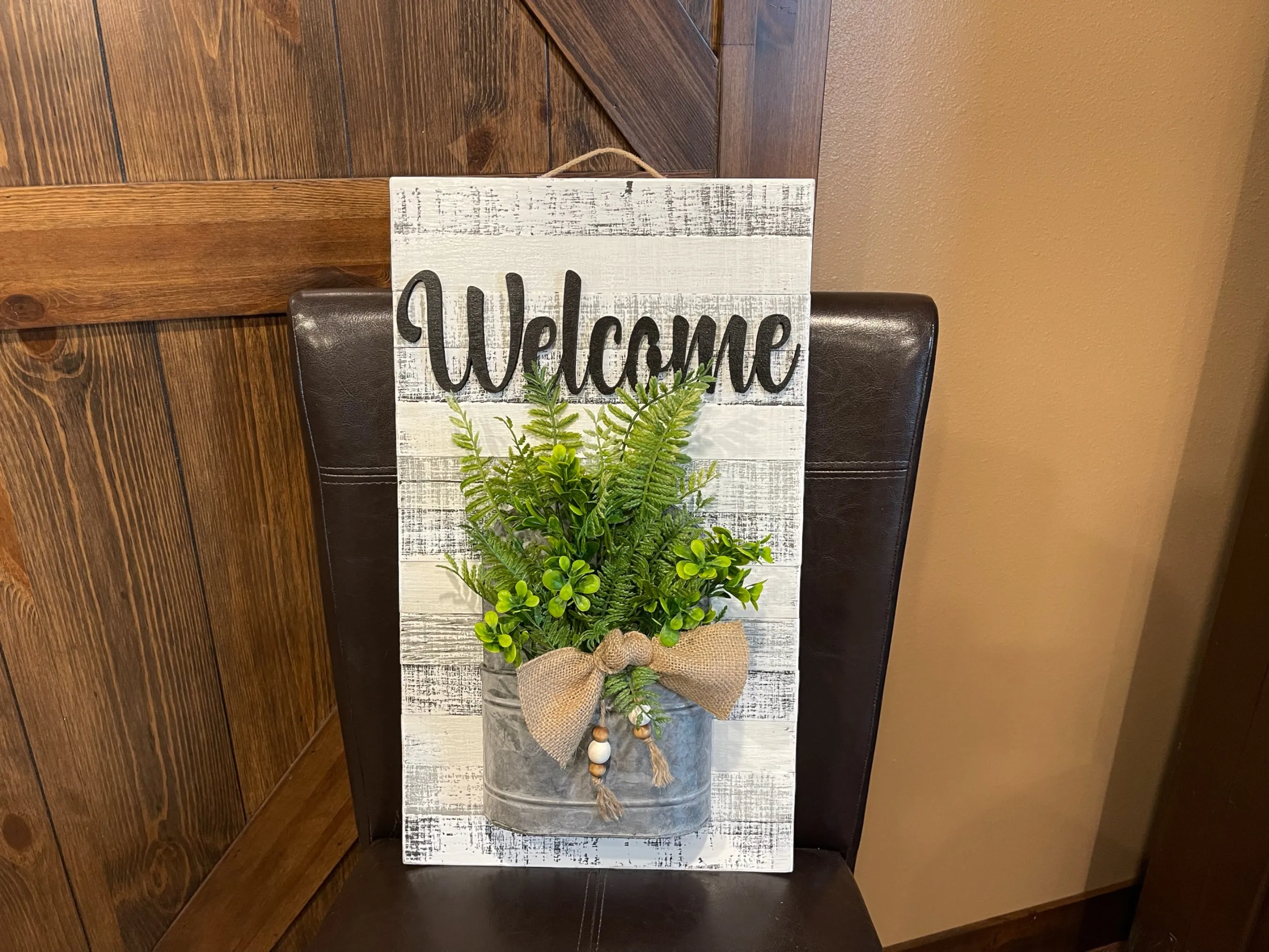 Farmhouse Wall Art Decor Welcome Sign Metal Pocket Modern  [Door Hanger Living Room Entry Kitchen] Rustic Fern Greenery Burlap Wood Beads