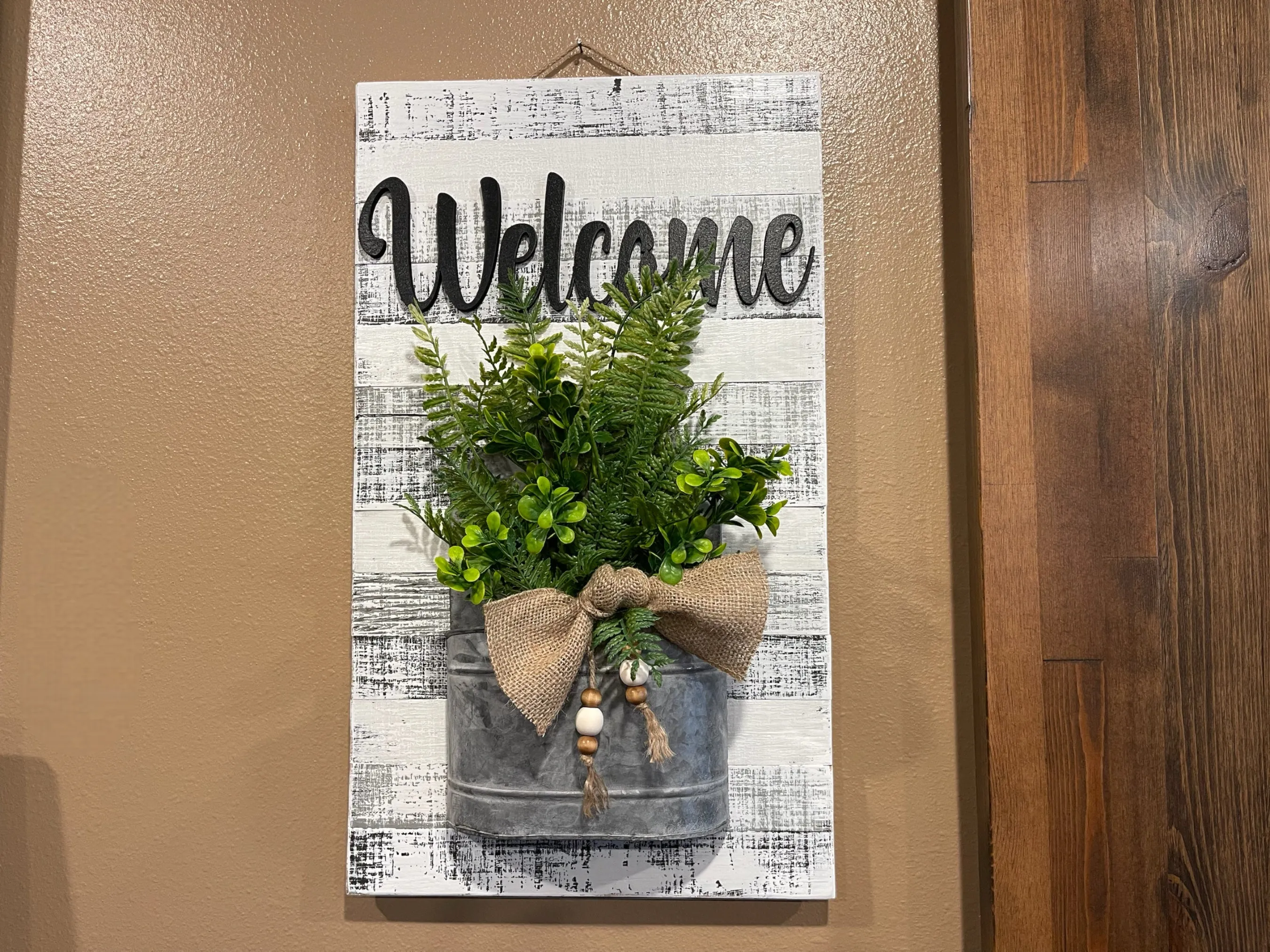 Farmhouse Wall Art Decor Welcome Sign Metal Pocket Modern  [Door Hanger Living Room Entry Kitchen] Rustic Fern Greenery Burlap Wood Beads