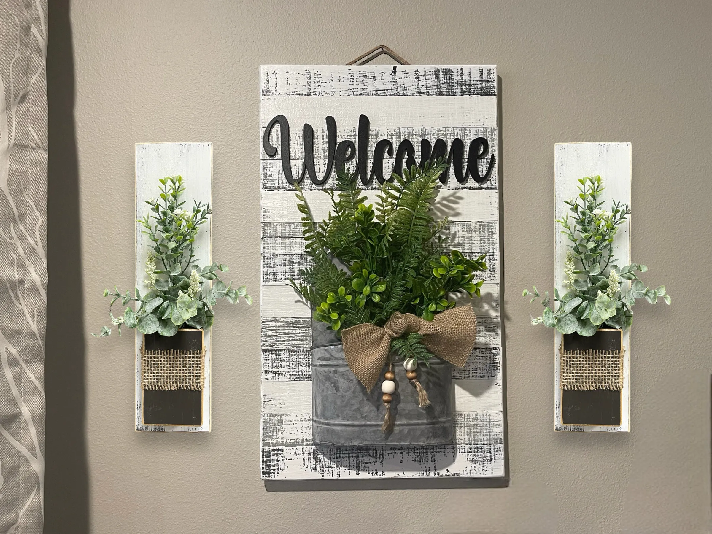 Farmhouse Wall Art Decor Welcome Sign Metal Pocket Modern  [Door Hanger Living Room Entry Kitchen] Rustic Fern Greenery Burlap Wood Beads