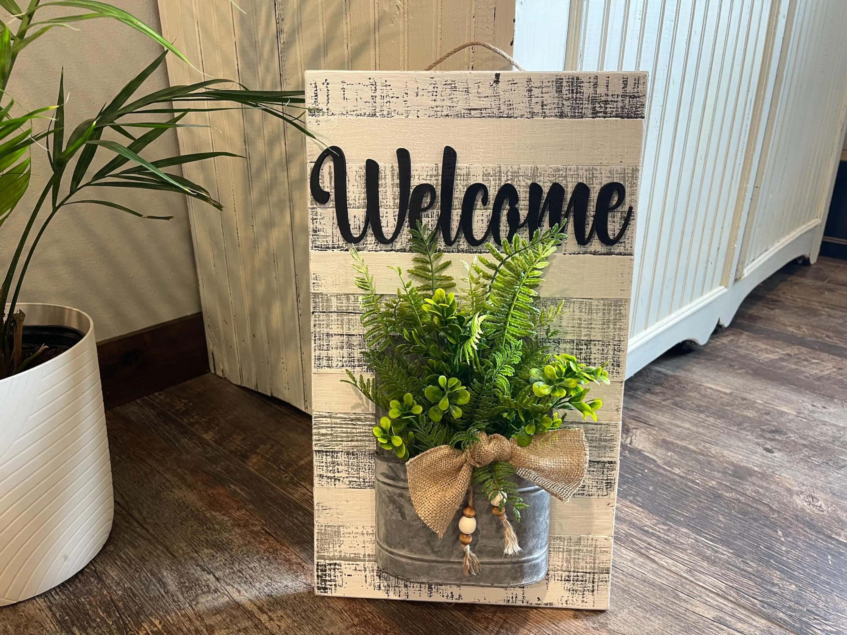 Farmhouse Wall Art Decor Welcome Sign Metal Pocket Modern  [Door Hanger Living Room Entry Kitchen] Rustic Fern Greenery Burlap Wood Beads