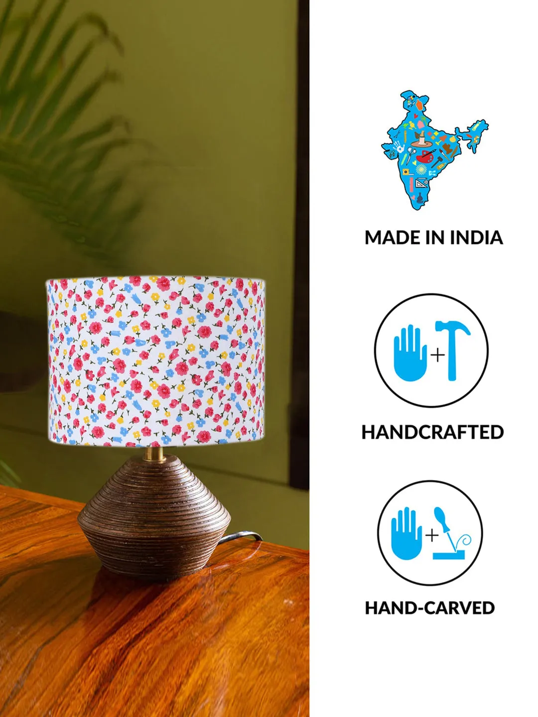 Fashionable Cotton Table Lamp with Wood Natural Base | 7 x 12 inches