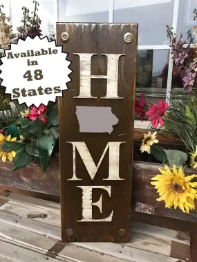 IOWA Sign State Farm Home Lake Welcome word, Rustic Distressed Wood  IA 50 States