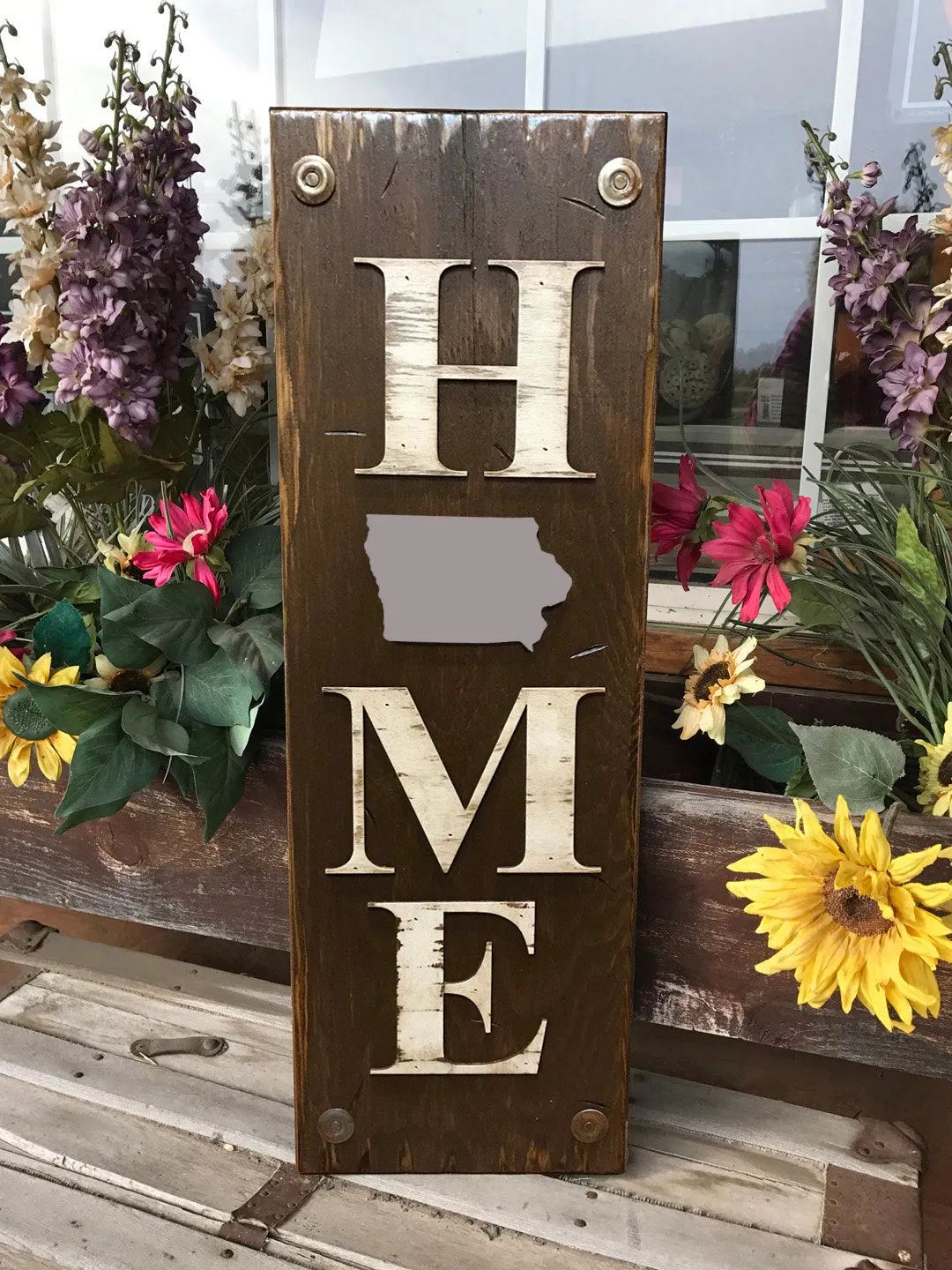 IOWA Sign State Farm Home Lake Welcome word, Rustic Distressed Wood  IA 50 States