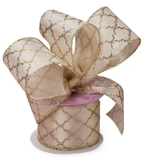 Ivory Quatrefoil Christmas Tree Ribbon - 2 1/2" x 10 Yards, Wired Edge