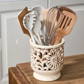 JH JIEMEI HOME Farmhouse Kitchen Utensil Holder for Countertop, Ceramic Large Cooking Utensil Crock with Cork Mat, Decorative Rustic Utensil Holder for Kitchen Counter, Hollow Carving Flower, Beige