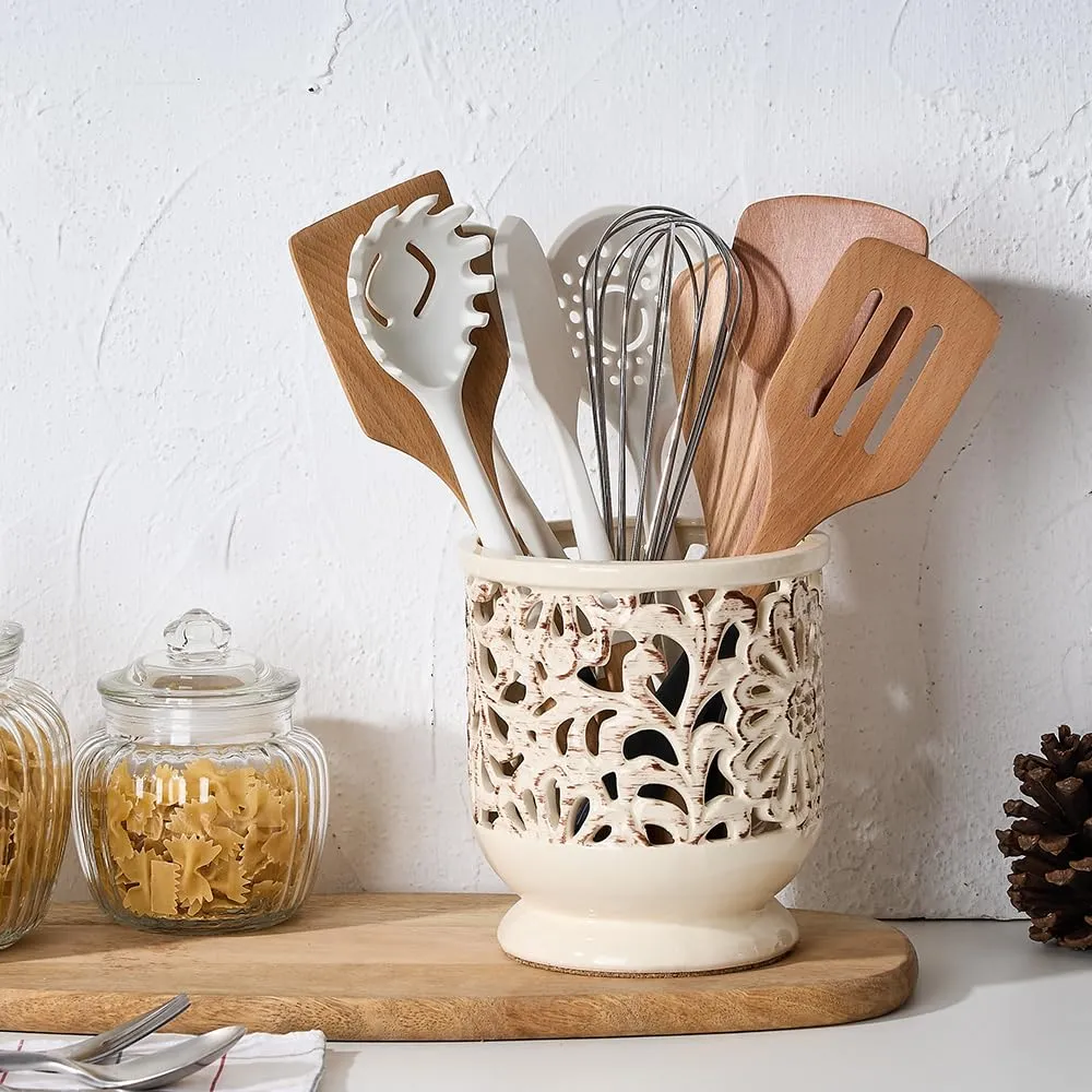 JH JIEMEI HOME Farmhouse Kitchen Utensil Holder for Countertop, Ceramic Large Cooking Utensil Crock with Cork Mat, Decorative Rustic Utensil Holder for Kitchen Counter, Hollow Carving Flower, Beige