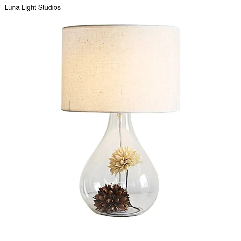 Lara - Pastoral White Drum Night Light Pastoral Fabric 1-Light Cafe Table Lamp with Vase Clear Glass Base and Dried Flower