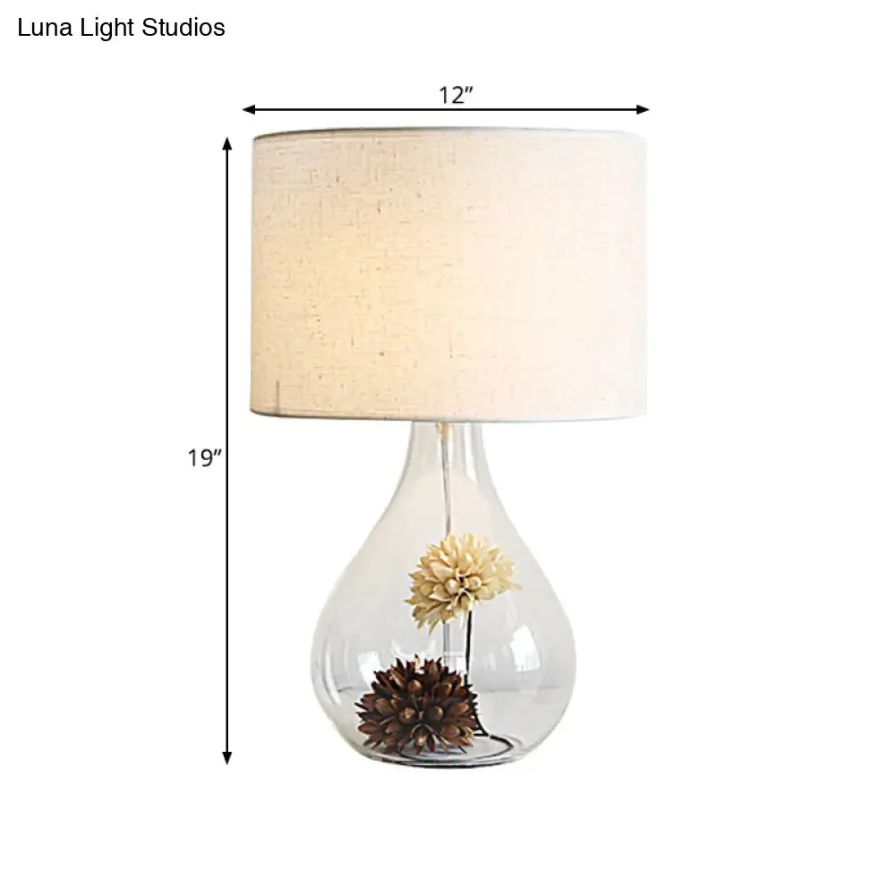 Lara - Pastoral White Drum Night Light Pastoral Fabric 1-Light Cafe Table Lamp with Vase Clear Glass Base and Dried Flower