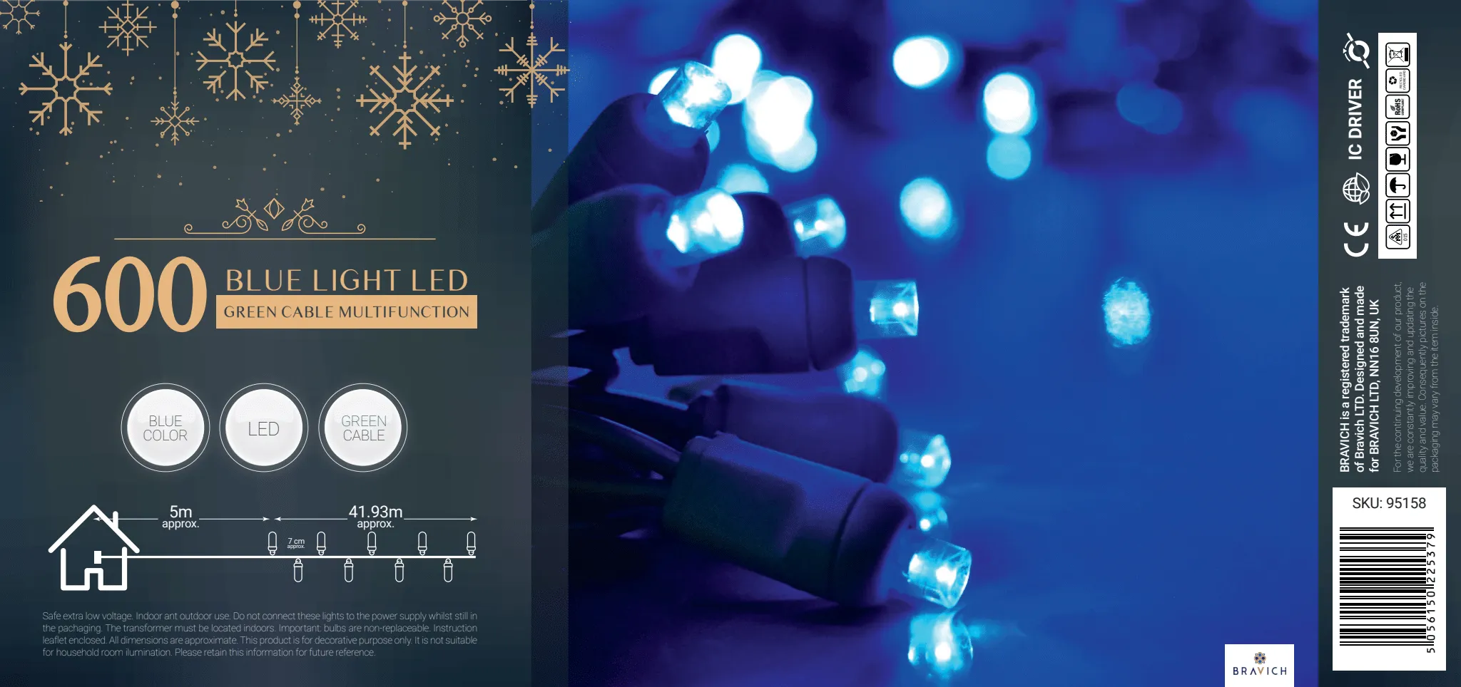 LED Waterproof Fairy Lights 8 Function with Green Cable (600 Lights - 46M Cable) - Blue