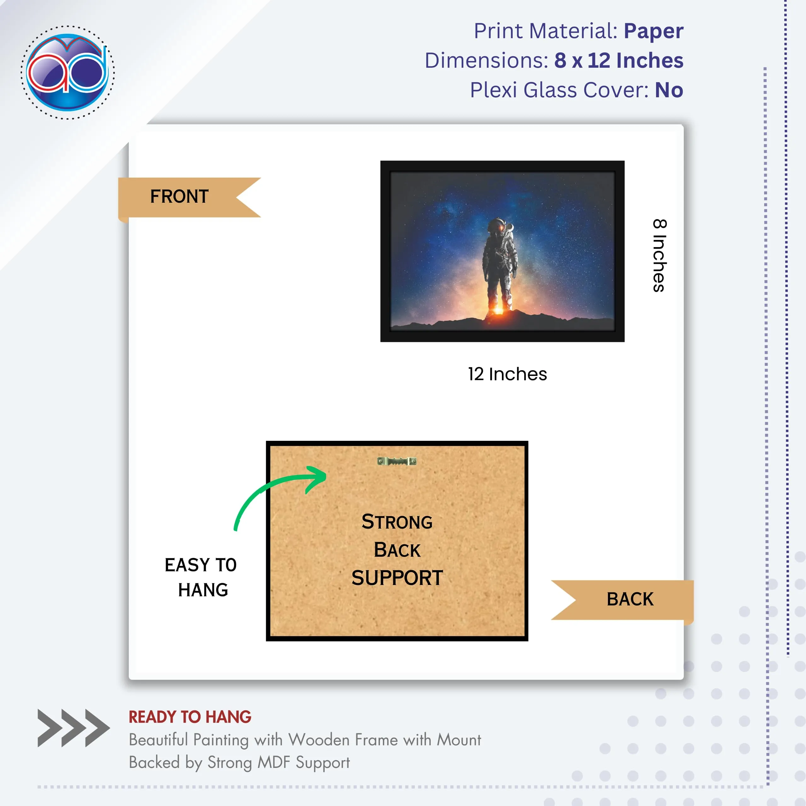 Mad Masters Astronaut Moon Mars Space Painting Hanging Photo Frame Decorative Item for Living Room, Bedroom, Home Decor and Wall Decoration (MM 1177, 8x12 Inch, Paper, Without Plexi Glass)