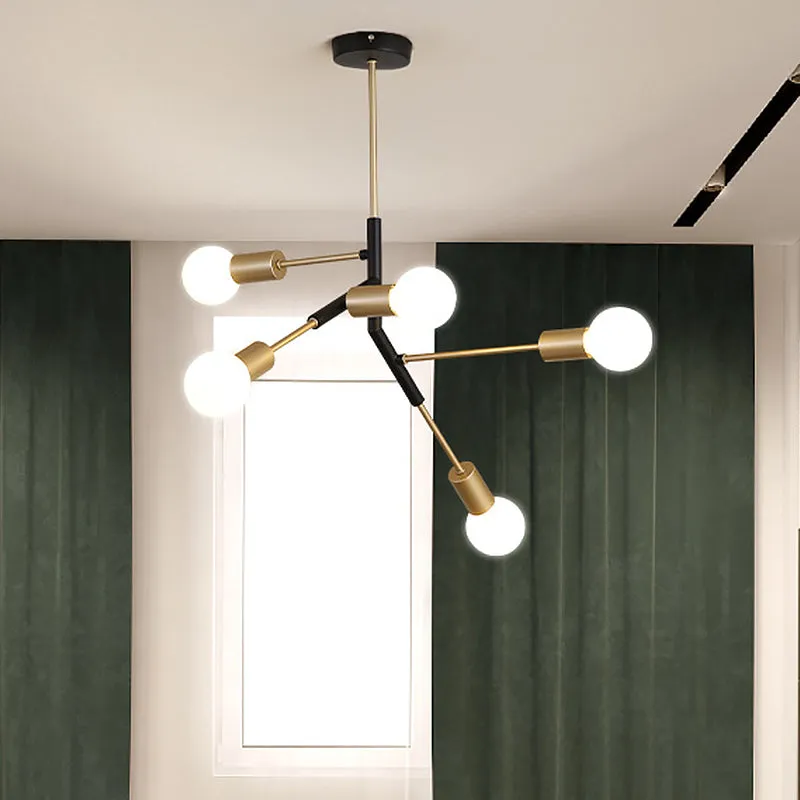 Minimalist Brass Chandelier with 5 Branch Metallic Lights for Living Room Ceiling