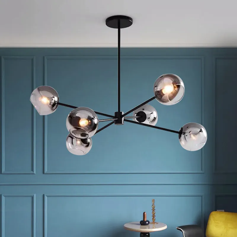 Minimalist Smoke Gray Glass Ball Chandelier - Elegant 6-Bulb Black Finish Pendant Lamp Fixture
