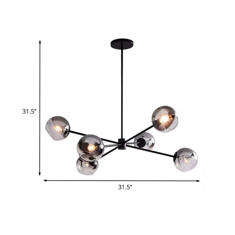 Minimalist Smoke Gray Glass Ball Chandelier - Elegant 6-Bulb Black Finish Pendant Lamp Fixture