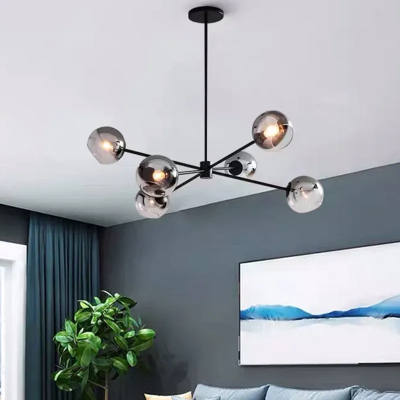 Minimalist Smoke Gray Glass Ball Chandelier - Elegant 6-Bulb Black Finish Pendant Lamp Fixture