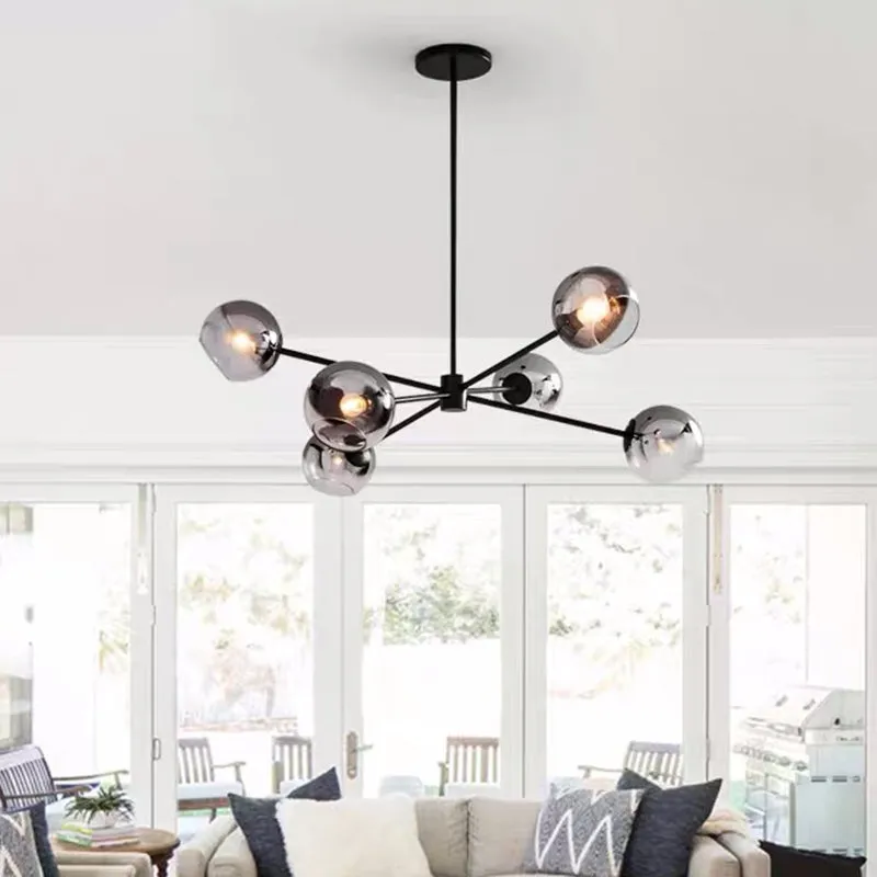 Minimalist Smoke Gray Glass Ball Chandelier - Elegant 6-Bulb Black Finish Pendant Lamp Fixture