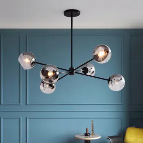 Minimalist Smoke Gray Glass Ball Chandelier - Elegant 6-Bulb Black Finish Pendant Lamp Fixture
