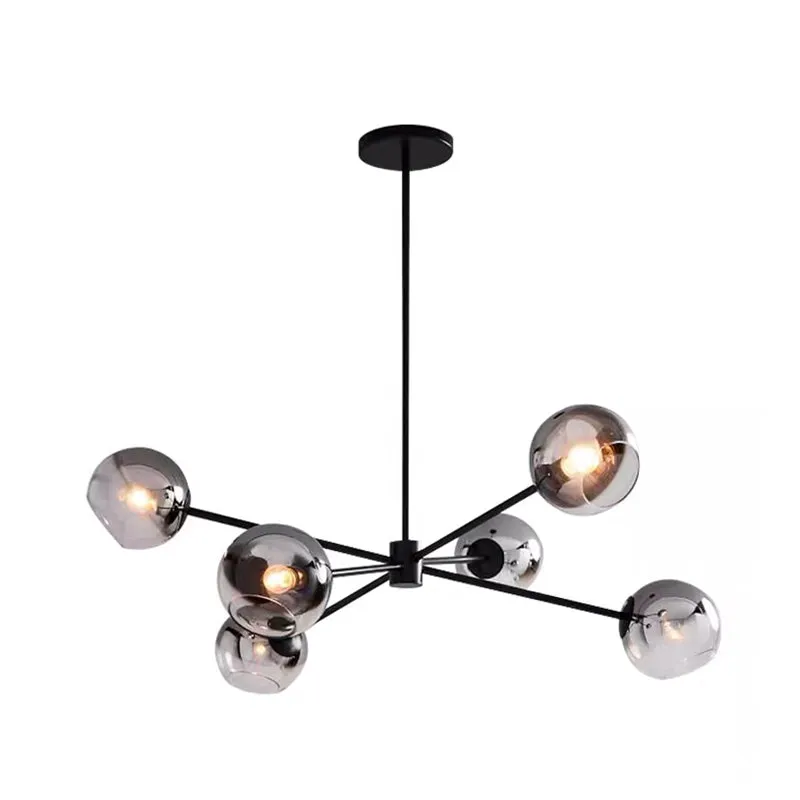 Minimalist Smoke Gray Glass Ball Chandelier - Elegant 6-Bulb Black Finish Pendant Lamp Fixture