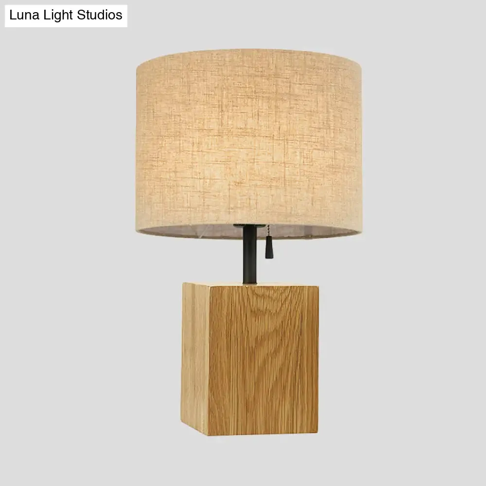 Minimalistic Wood Table Lamp - Cuboid Bedroom Night Light with Pull Chain