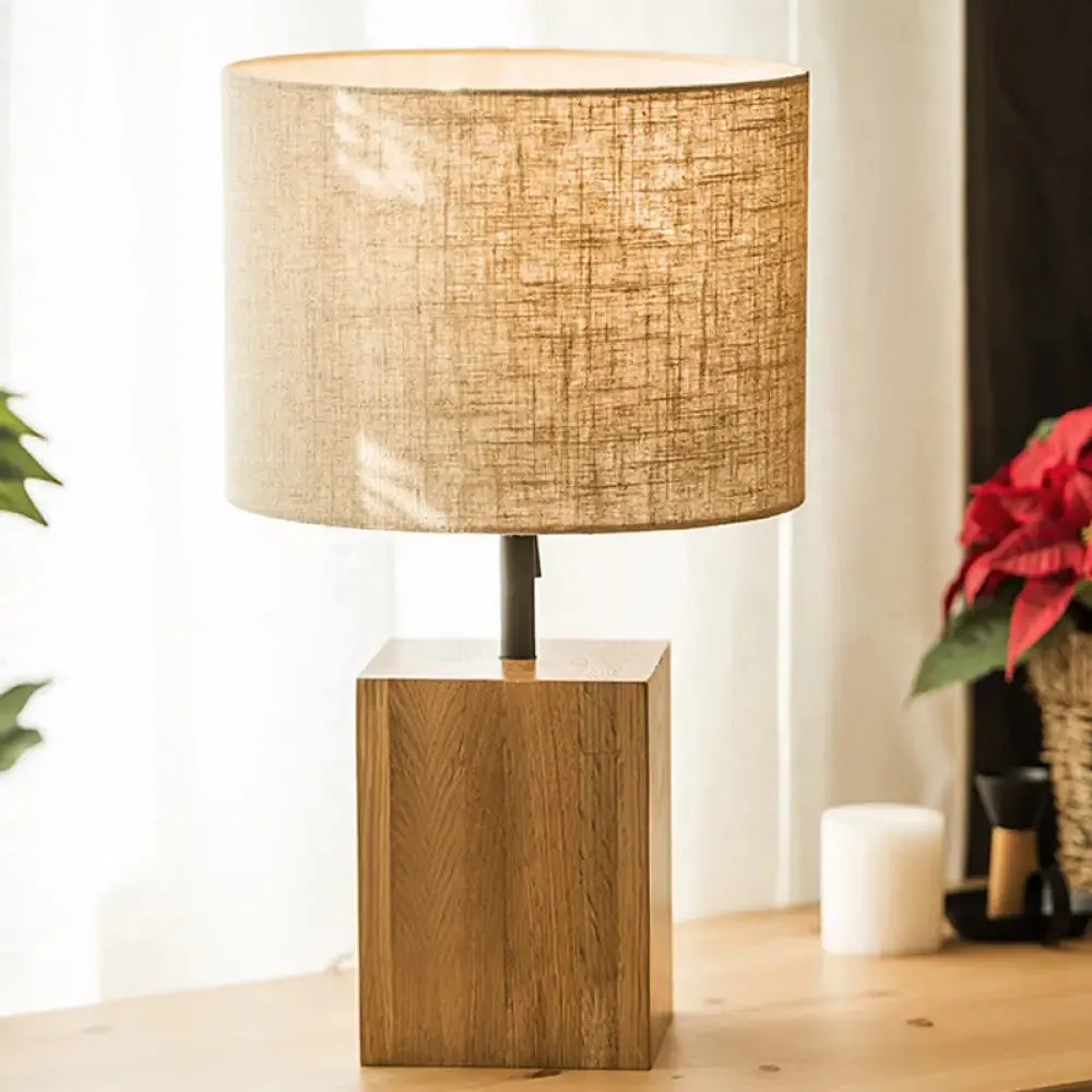 Minimalistic Wood Table Lamp - Cuboid Bedroom Night Light with Pull Chain