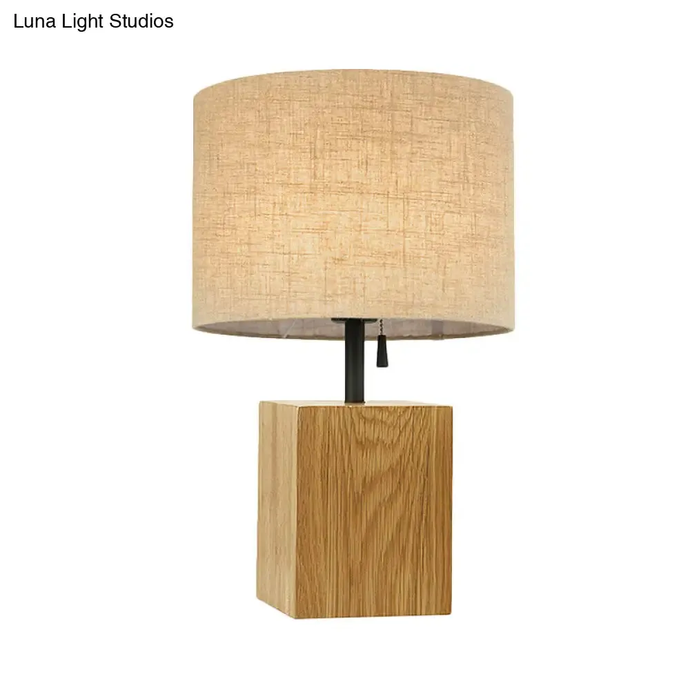 Minimalistic Wood Table Lamp - Cuboid Bedroom Night Light with Pull Chain